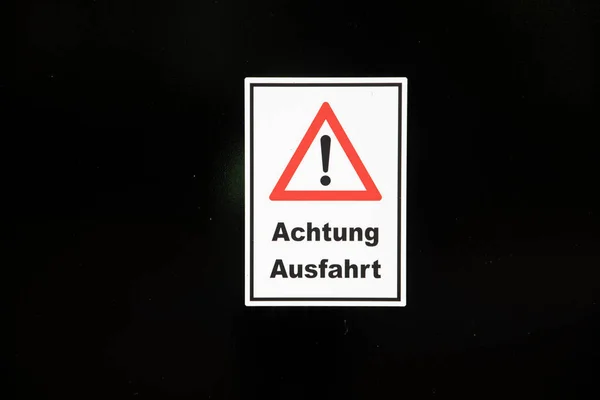 Signage Attention Exclamation Mark Achtung Ausfahrt Attention Exit Black Gate — Stock Photo, Image