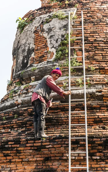 Worker at temple area in Ayutthaya climbing a stupa — Stock Photo, Image