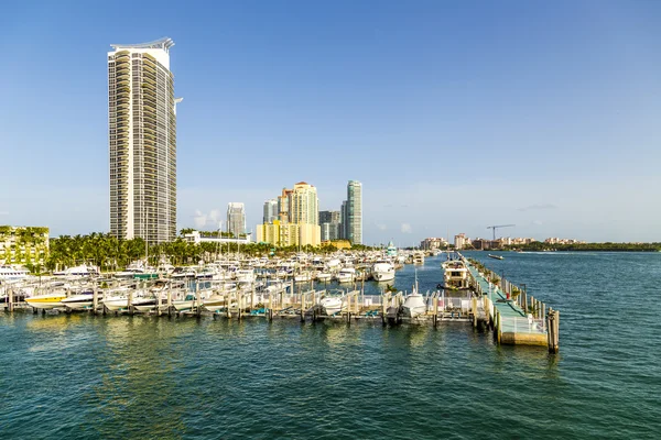 Miami south beach marina met skyline — Stockfoto