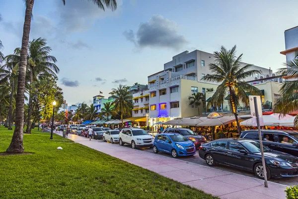 Palmbomen en art deco hotels op ocean drive — Stockfoto