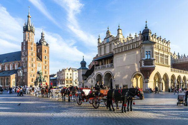 Horse carriages in front of Mariacki church on main square of Kr