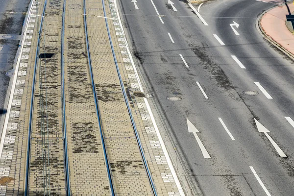 Patroon van street en rails van tram in Keulen — Stockfoto