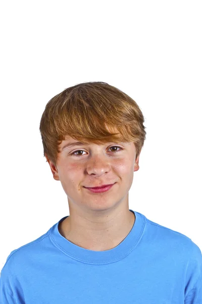 Ritratto di ragazzo felice con camicia blu in studio — Foto Stock