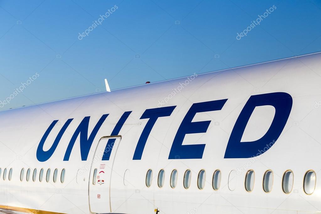 FRANKFURT, GERMANY - JULY 17, 2014: United Airlines aircraft logo at an aircraft in Frankfurt. United Airlines is headquartered in Chicago, Illinois.