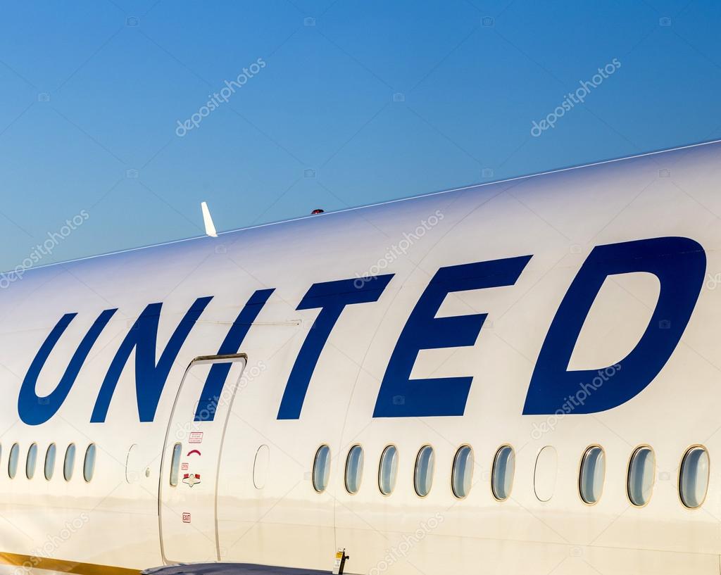 FRANKFURT, GERMANY - JULY 17, 2014: United Airlines aircraft logo at an aircraft in Frankfurt. United Airlines is headquartered in Chicago, Illinois.
