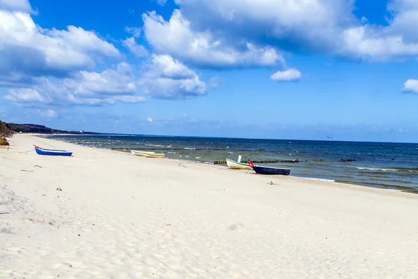 Pássaros voando na praia com barco — Fotografia de Stock