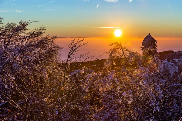 Zonsopgang onder de winter kalm berglandschap met prachtige — Stockfoto