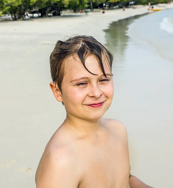 Jong gelukkig jongen met bruin nat haar is glimlachen en genieten van het mooie strand — Stockfoto