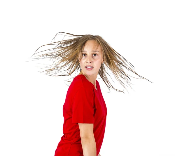 Adolescente aux cheveux bruns en mouvement — Photo