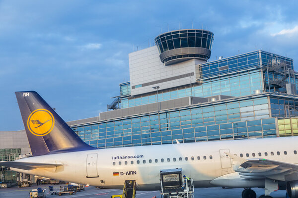  passengers airplane in new terminal 1 in Frankfurt