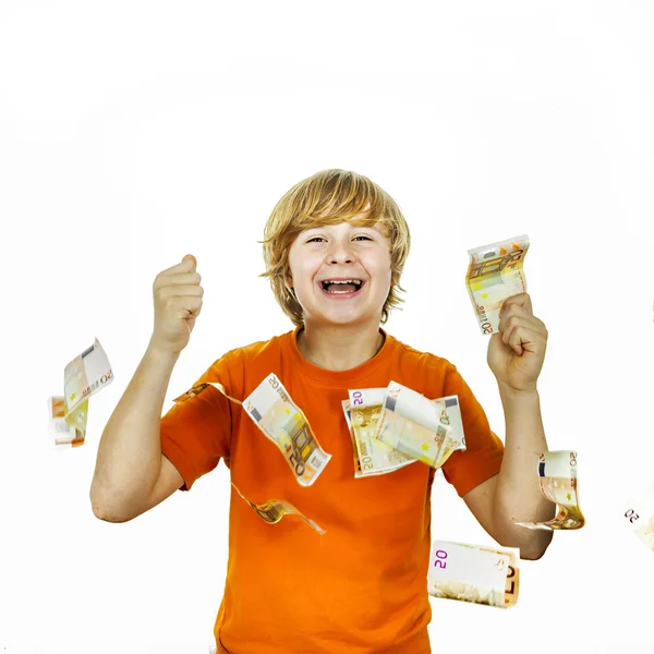 Euros flying around a boys head — Stock Photo, Image