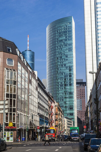 FRANKFURT, GERMANY- MAR 25, 2015: Frankfurt am Main street in Frankfurt, Germany. It's the largest city in the German state of Hessen and the fifth-largest city in Germany