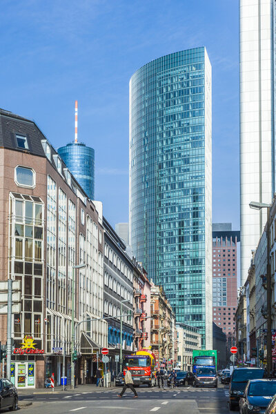 FRANKFURT, GERMANY- MAR 25, 2015: Frankfurt am Main street in Frankfurt, Germany. It's the largest city in the German state of Hessen and the fifth-largest city in Germany