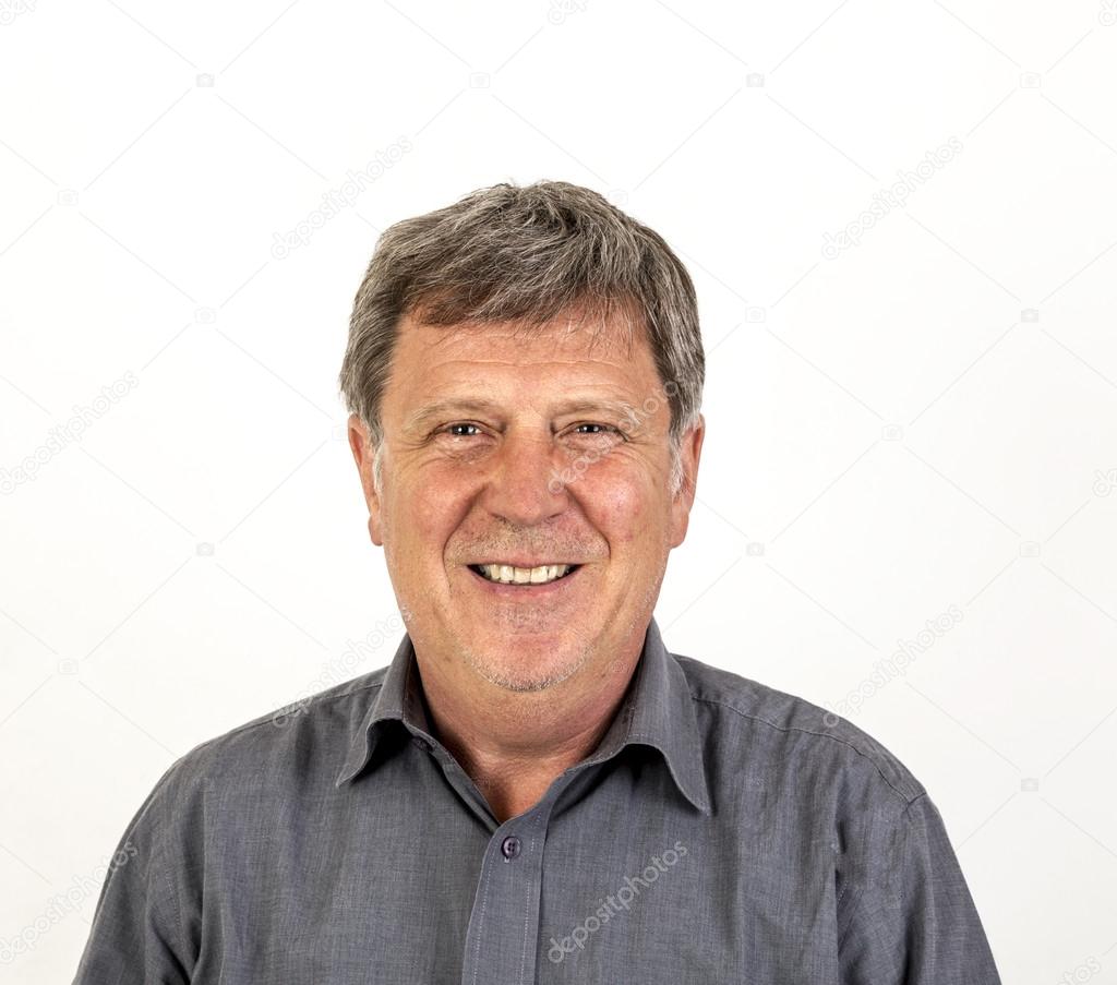 smiling mature man with grey polo shirt