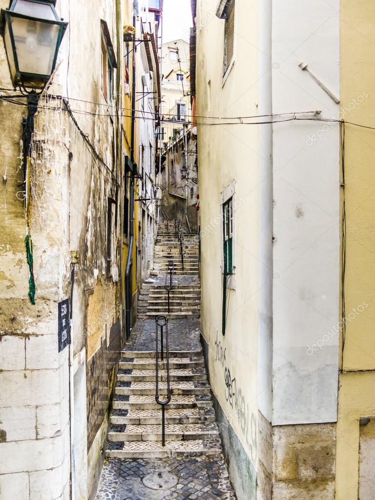 cobble stone street in old town of lisbon