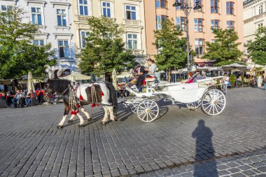 Krakow ana kare üzerinde Mariacki Kilisesi önünde at arabası
