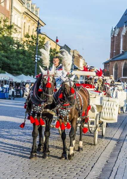 Carrozze a cavallo di fronte alla chiesa Mariacki sulla piazza principale di Kr — Foto Stock