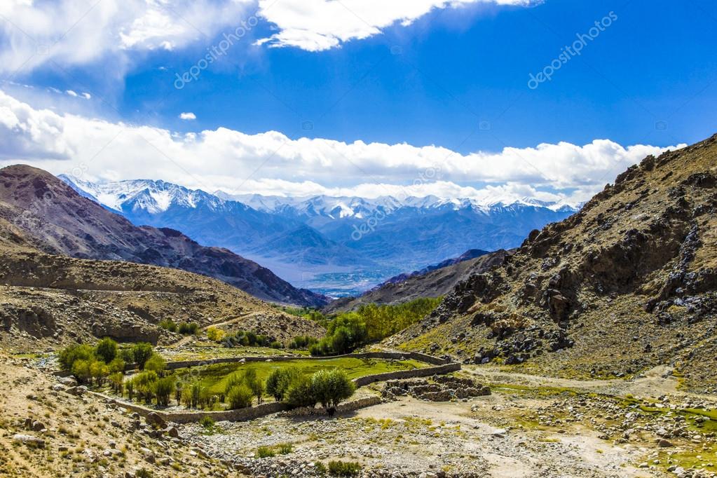 rural landscape with himalaya mountains seen from Leh valley