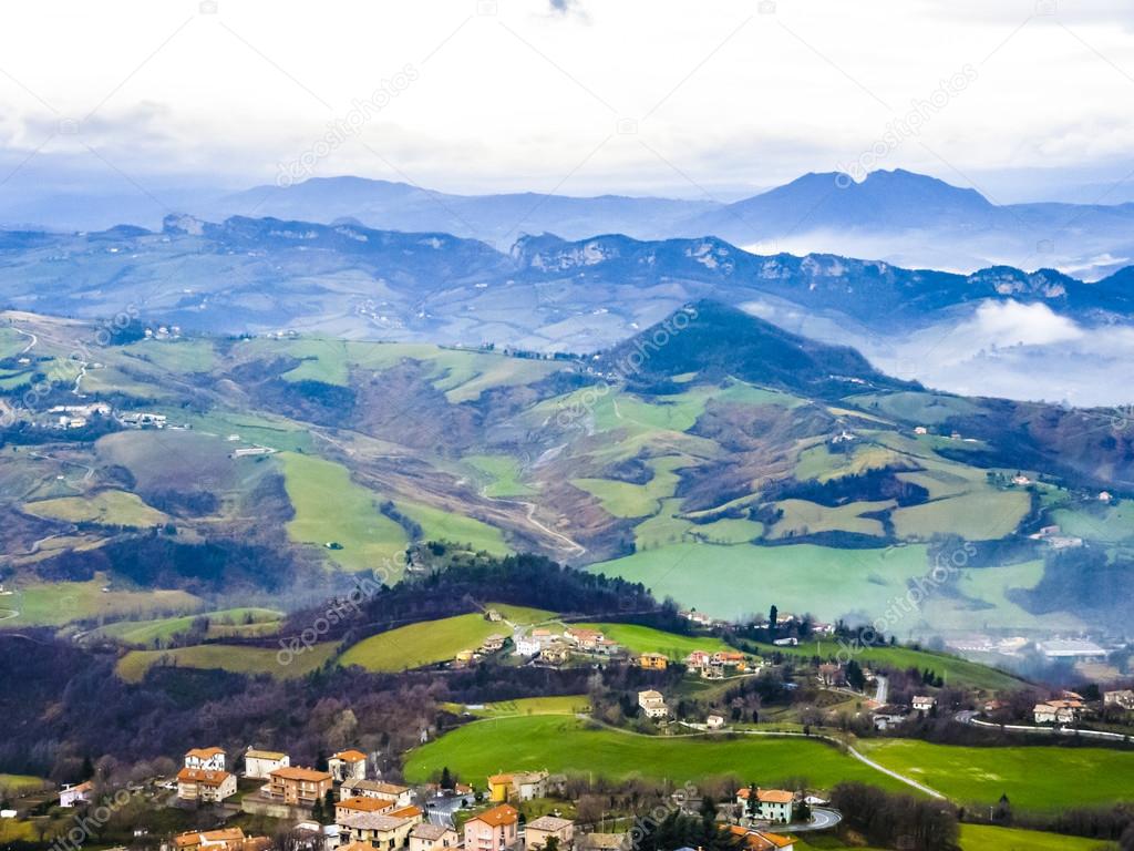 Panoramic view of mountains in Republic of San Marino in early m