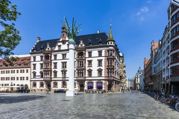 View in Leipzig to old Nicolai place with old houses and Nicolai — Stock Photo, Image