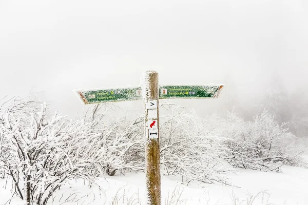 Poste con señales de orientación y distancias en nieve ventisca a —  Fotos de Stock