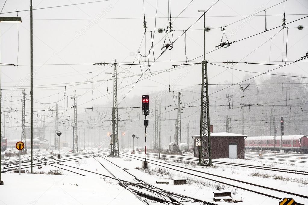 snowfall at the train station in Wiesbaden