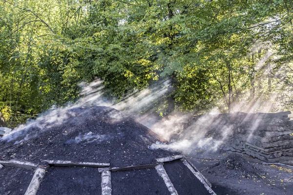 Brandende houtskool stapel in het forest — Stockfoto