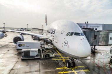 Lufthansa Airbus A380 at the Gate of the Frankfurt Airport