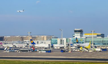 Aircraft standing near the terminal 1at Frankfurt Main airport