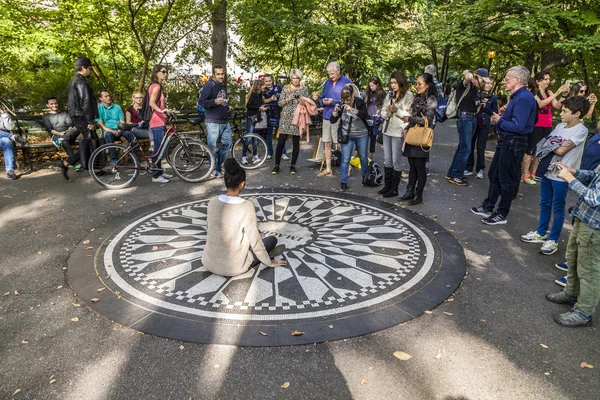 Personas que tienen su foto tomada en el mosaico IMAGINE en paja — Foto de Stock