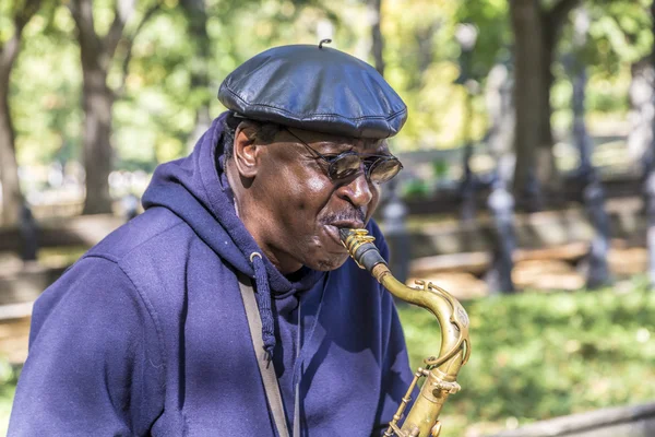 Hombre toca el saxofón en el Central Park en Nueva York —  Fotos de Stock