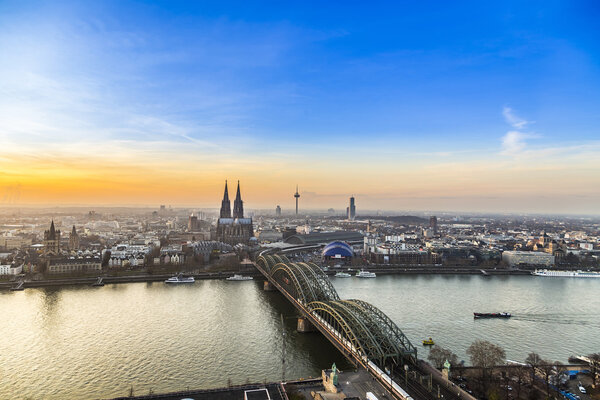 Aerial of city of cologne in sunset