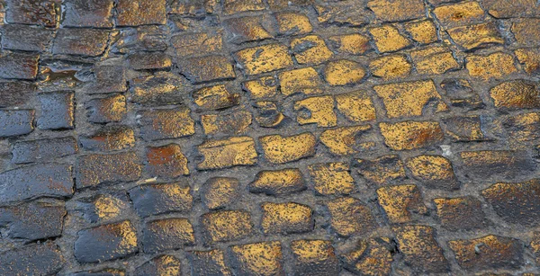 Natte keien weerspiegelen de zon — Stockfoto