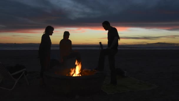Przyjaciele Zebrali Się Wokół Ogniska Plaży Podczas Pięknego Zachodu Słońca — Wideo stockowe