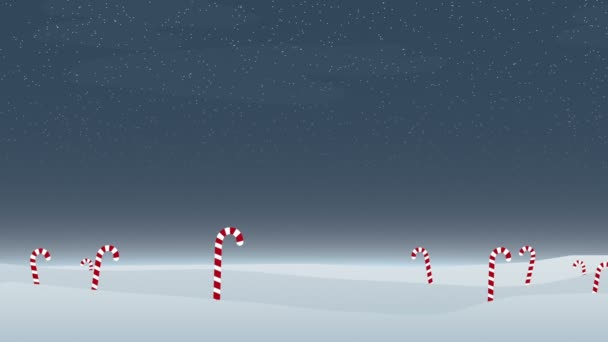 一个户外圣诞主题 雪中挂着糖果手杖 云彩缓缓掠过天空 广阔的天空敞开着 可以放置文字或图形 — 图库视频影像