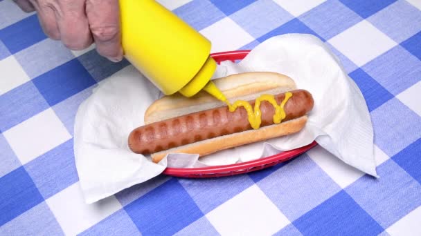 Beskyddare Lägger Senap Och Ketchup Till Sin Varmkorv Traditionell Restaurang — Stockvideo