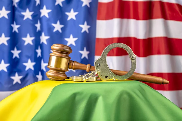 Gavel Handcuffs Insinuating Laws Freedom Rests Atop Portion Rainbow Flag — Stock Photo, Image