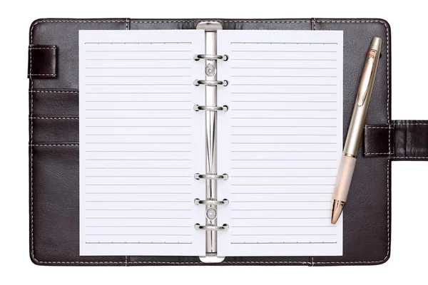 Opened brown leather notebook — Stock Photo, Image