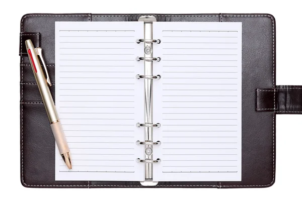 Opened brown leather notebook — Stock Photo, Image