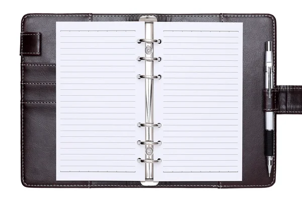 Opened brown leather notebook and pen — Stock Photo, Image