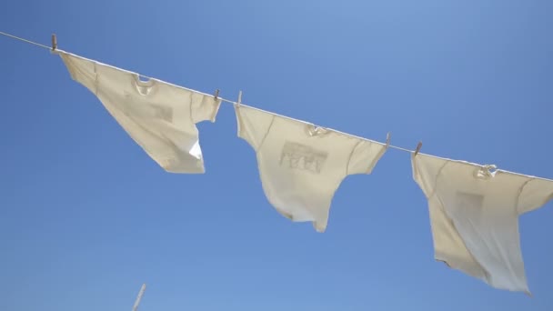 Camisetas blancas colgando en el tendedero — Vídeos de Stock