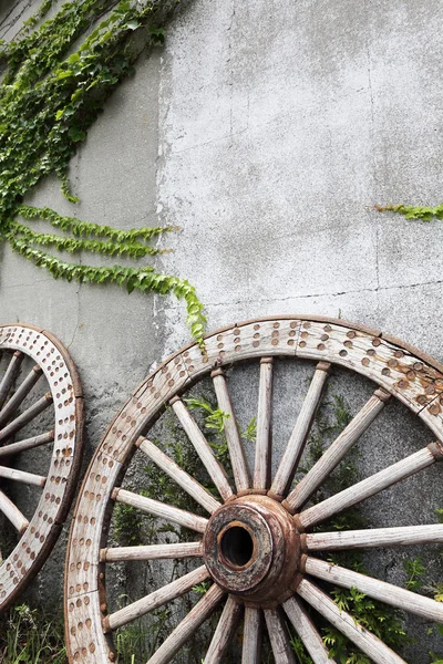 Wooden wheel on old brick wall — Stock Photo, Image