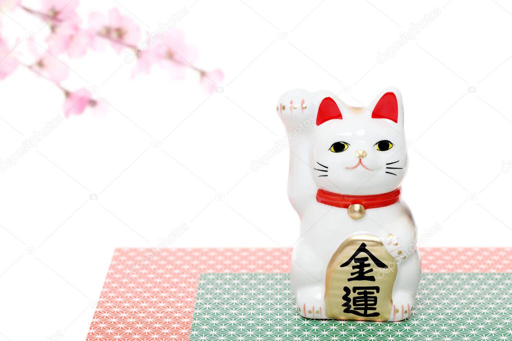 Japan lucky cat isolated on white background, Japanese word of this photography means 