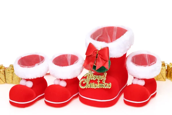 Botas Santa Roja Con Presente Aisladas Sobre Fondo Blanco — Foto de Stock