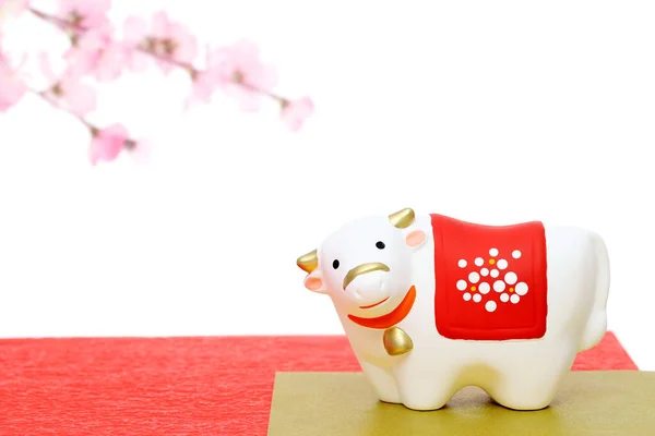 Lalki Usi Cow Japońska Karta Noworoczna Japoński Nowy Rok Krowa — Zdjęcie stockowe