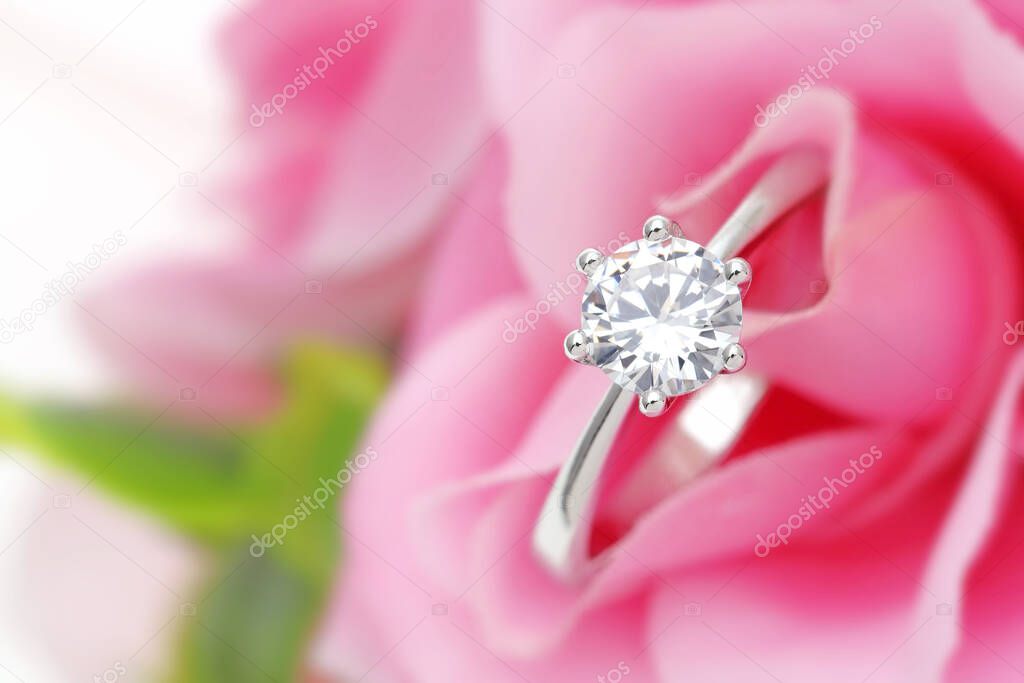 Close up of elegant diamond ring inside pink rose, Marriage proposal concept