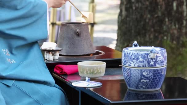 Japanese green tea ceremony in garden — Stock Video