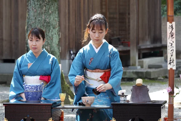 Japansk grøn te ceremoni i haven - Stock-foto