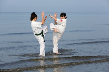 Japon karate kızlar plajda eğitim