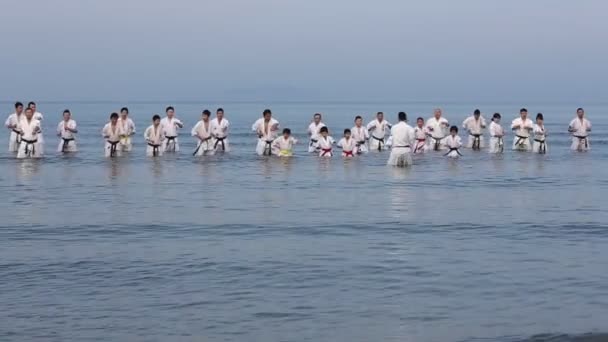 Japonés karate artes marciales entrenamiento en la playa — Vídeo de stock